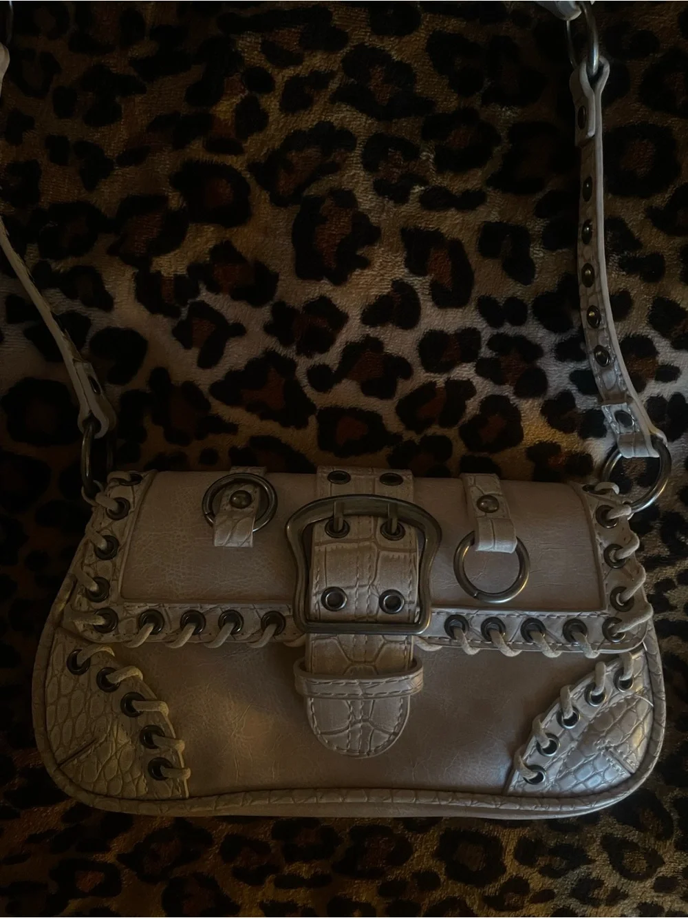 Women’s Silence + Noise Pearl White Leather Shoulder Bag with Buckle Detail